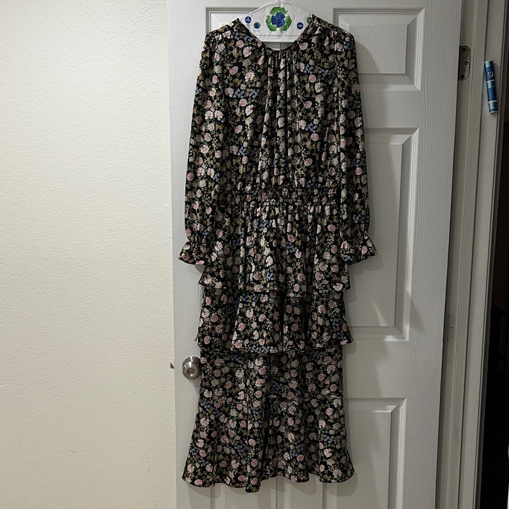 Floral Long Sleeve Tiered Maxi Dress - Black with Pink & Green Floral